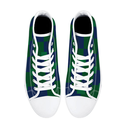 BLUE AND GREEN CHECKERED - Mens High Top Canvas Shoes