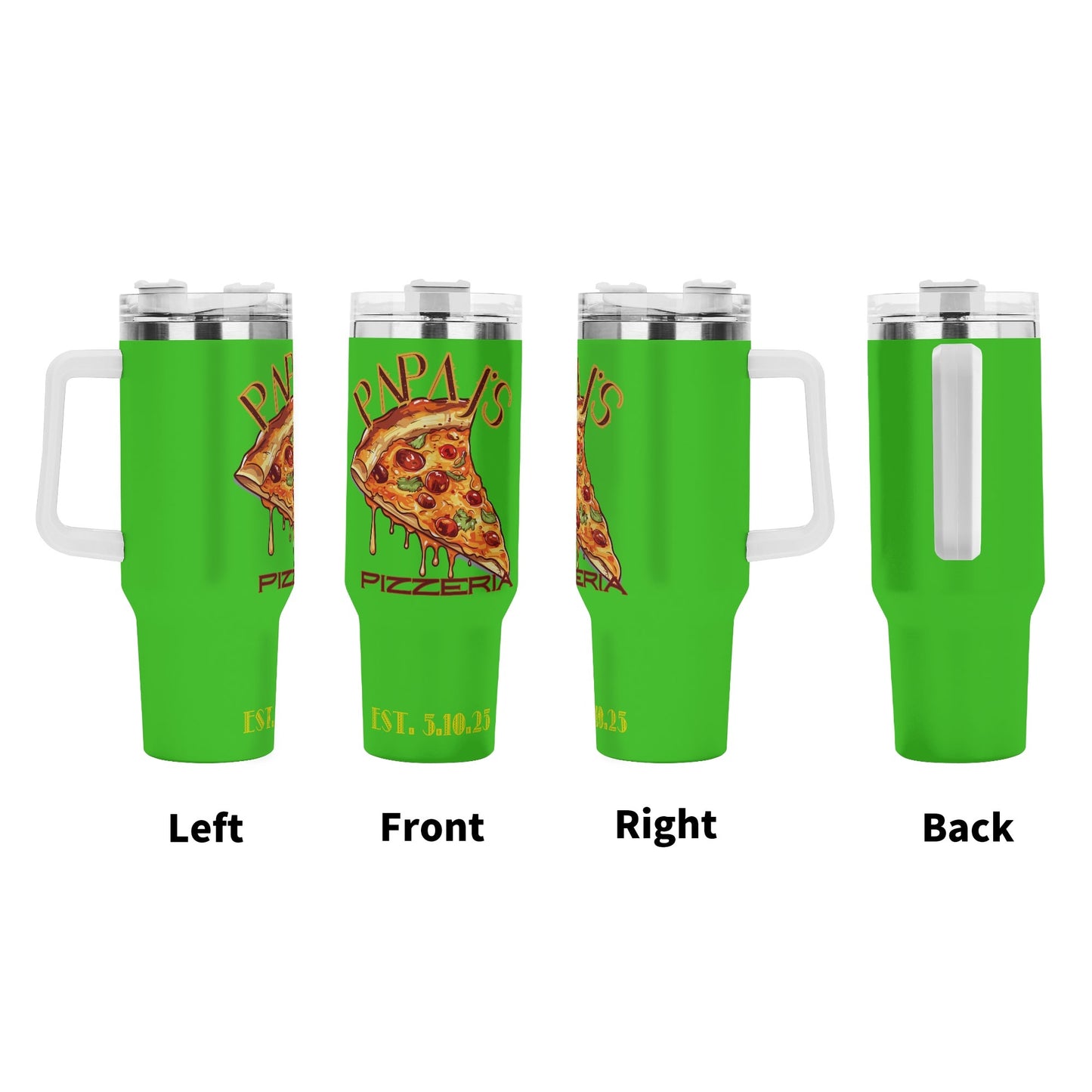 PAPA Js Pizzeria Personalized 40oz Stainless Steel Tumbler Gift With White Handle and Straw