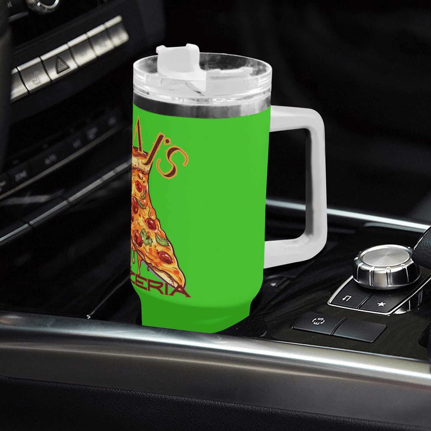 PAPA Js Pizzeria Personalized 40oz Stainless Steel Tumbler Gift With White Handle and Straw