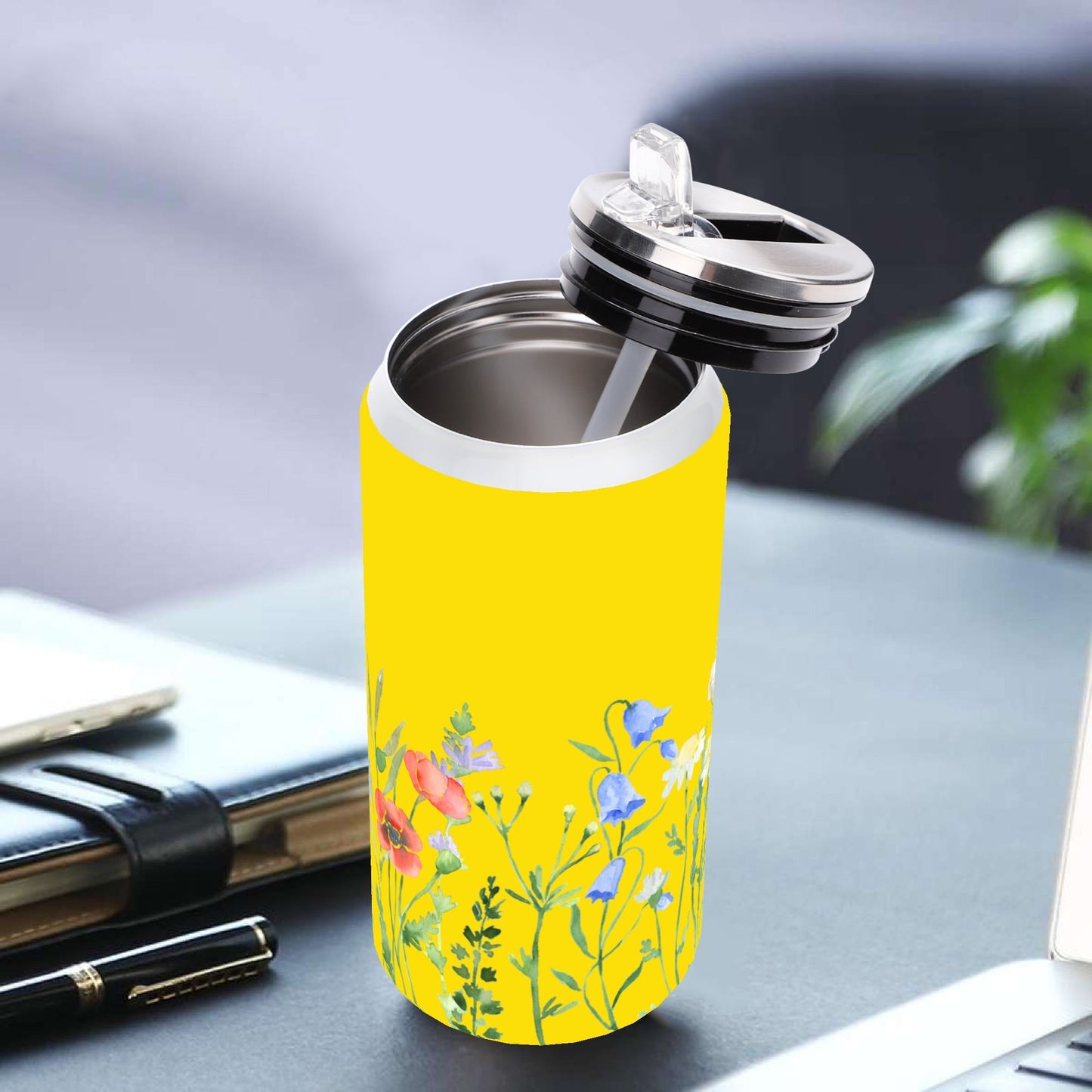 FLORAL YELLOW - 500ml Stainless Steel Cola Can Shaped Coke Cups Travel Tumbler