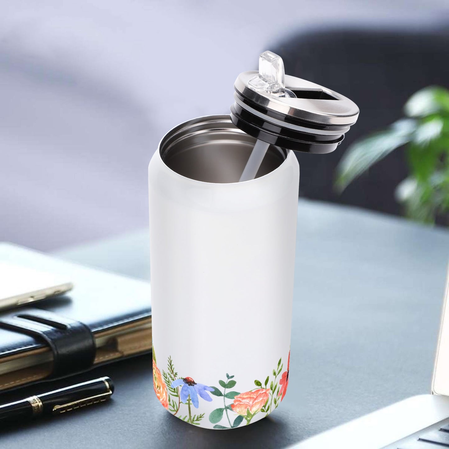 Funky Floral Trim - 500ml Stainless Steel Cola Can Shaped Coke Cups Travel Tumbler