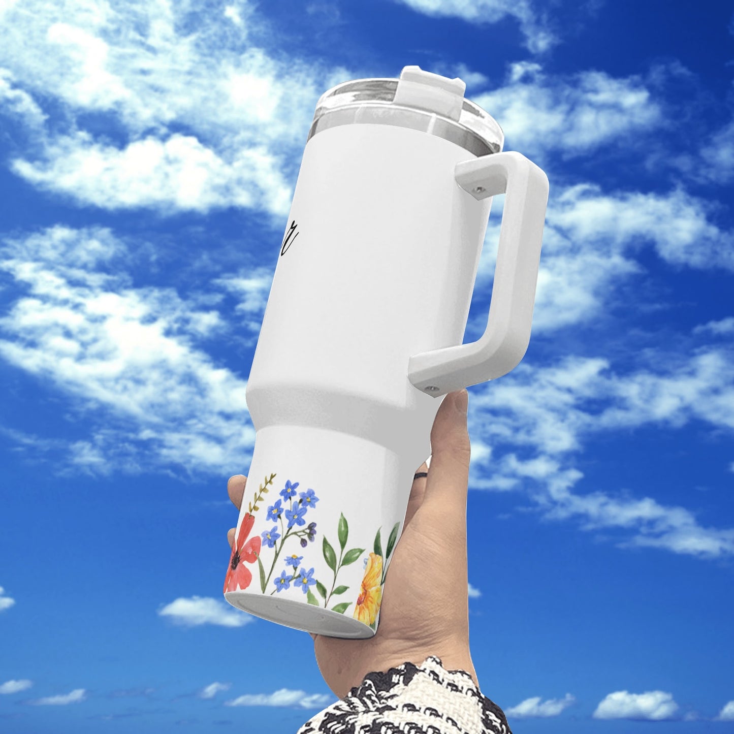 Stronger Than a Mother -  Floral trim 40oz Stainless Steel Tumbler Gift With White Handle and Straw