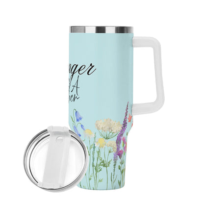 Stronger than a Mother - Floral Blue 40oz Stainless Steel Tumbler Gift With White Handle and Straw