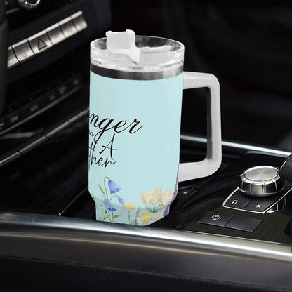 Stronger than a Mother - Floral Blue 40oz Stainless Steel Tumbler Gift With White Handle and Straw