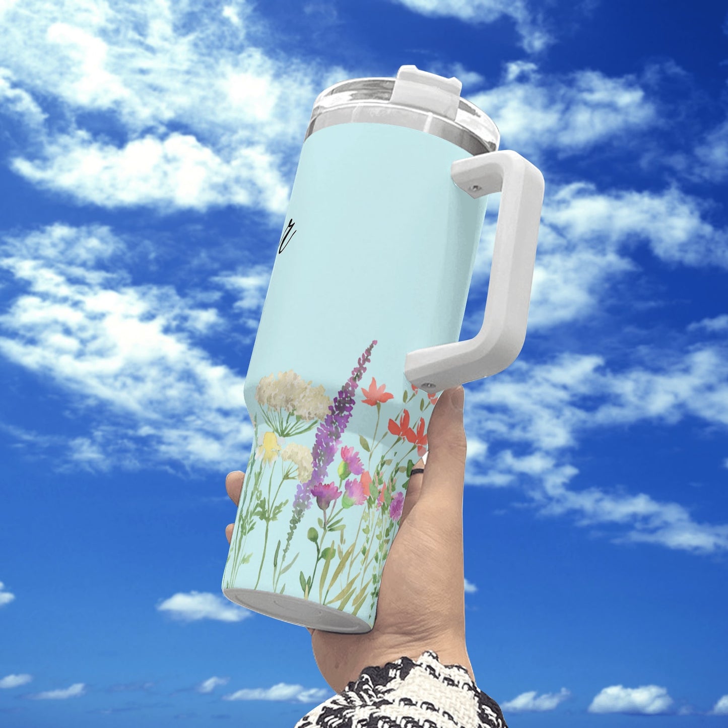 Stronger than a Mother - Floral Blue 40oz Stainless Steel Tumbler Gift With White Handle and Straw
