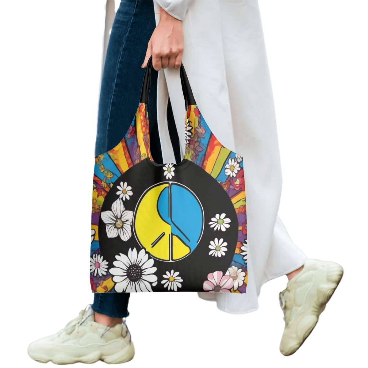 Peace, Love, Harmony and a sprinkle of Daisies - Large Canvas Tote Bag