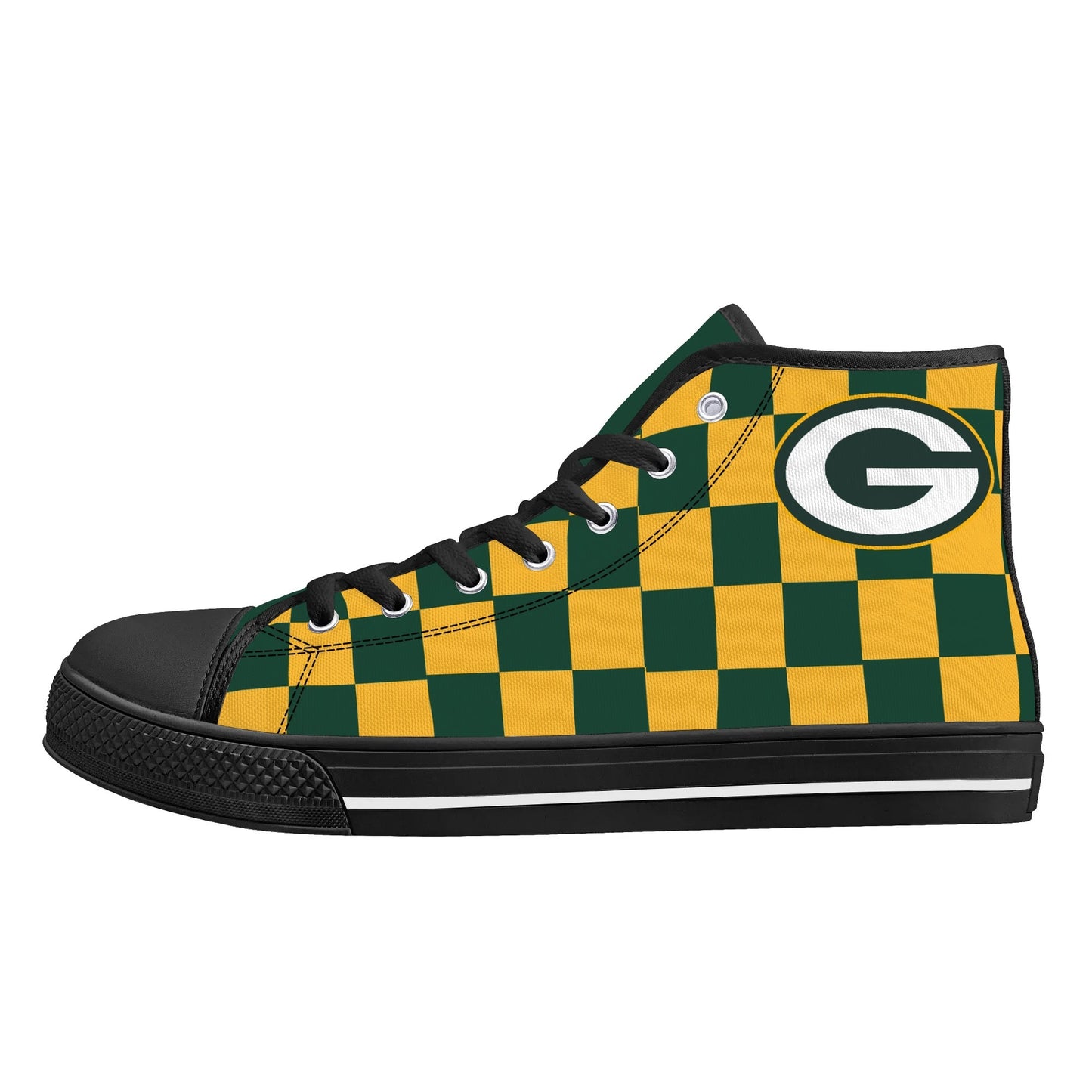 GreenBay Packers - Checkered Pattern - Mens High Top Canvas Shoes - GreenBay Green Tongue